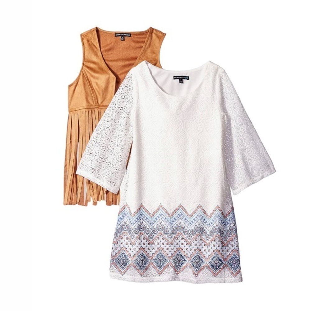 MY Michelle Girls A-line Lace Dress With Fringe Vest Size 14 Pre-Owned